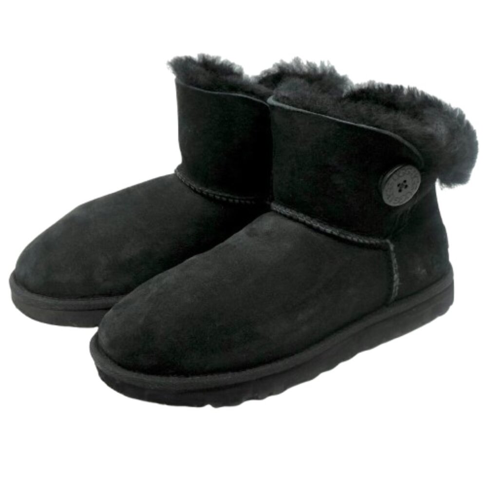 UGG~Mini Bailey Button II~BLACK SUEDE &. SHEARLING WOMEN'S BOOTS SIZE 8